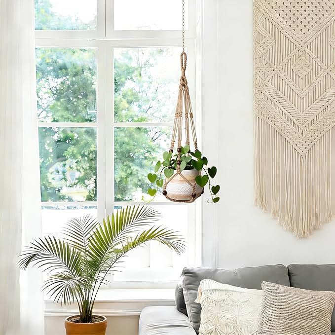 3 Pack Jute Macrame Plant Hanger Indoor 3 Different Sizes Hanging Planter Basket Flower Pot Holder with Wood Beads & No Tassels for Boho Home Decor, 23, 30, 35 Inch, Brown (Pot Not Included)