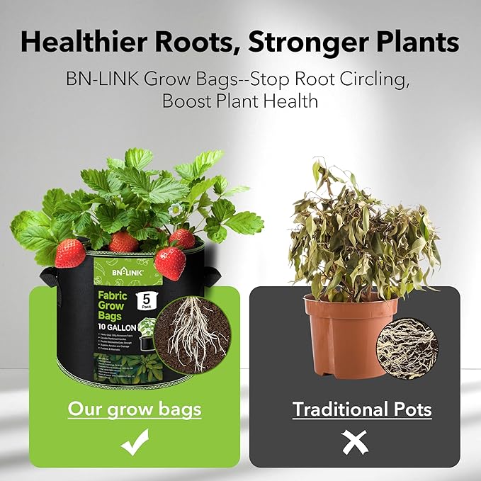 BN-LINK 5-Pack 10 Gallon Grow Bags, Heavy Duty Aeration Fabric Pots with Handles, Thickened Nonwoven Plant Bags for Vegetables, Flowers, Fruits