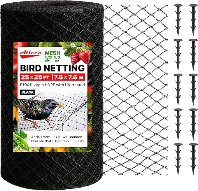 Heavy Duty Bird Netting for Garden Protection & Fruit Trees, 25x25 Ft with 10 Stakes – Black Anti-Bird Net for Poultry, Deer, & Squirrel Protection, Durable Nylon Mesh for Garden and Yard Use