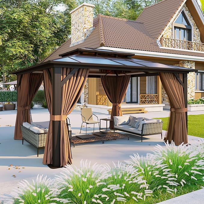 Aoxun 12'x10' Hardtop Gazebo, Aluminum Frame Permanent Pavilion with Curtains and Netting, Outdoor Polycarbonate Double Roof Canopy, Designed for Garden, Lawns, Patio, Brown
