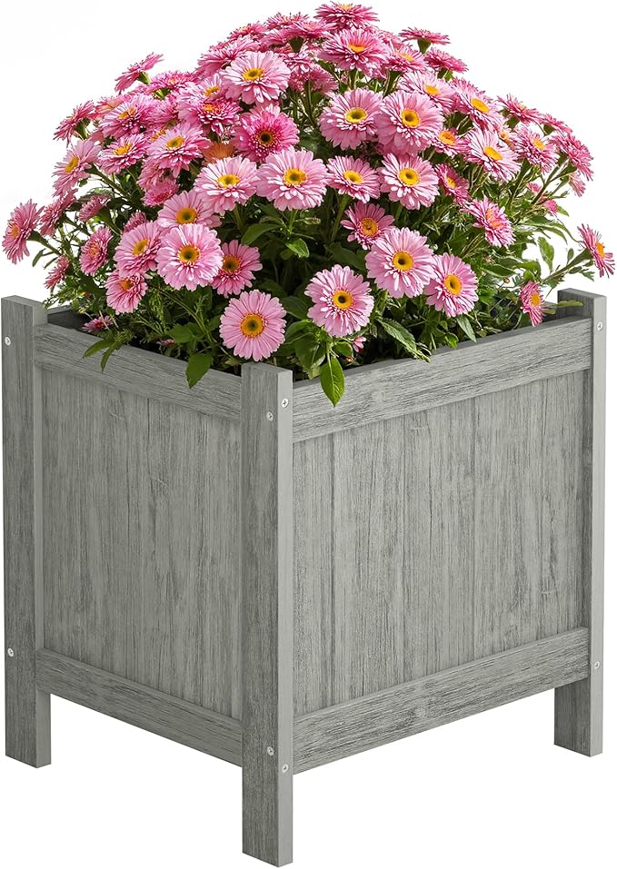 LUE BONA Outdoor Plant Pots, 13.7" x 12.5" x 14.5" HDPS Flower Pots with Drainage Holes, Outdoor Planters Boxes for Outdoor Plants - Porch Patio, Garden or Entryway, Light Gray-Oil Printed