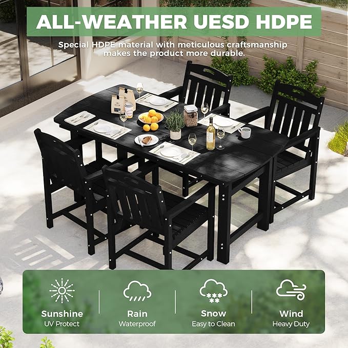 HDPE Outdoor Patio Dining Set with Table & 4 Chairs, All-Weather 5-Piece Outdoor Table and Chairs, 2" Umbrella Hole, Patio Furniture for Garden, Backyard, Deck | Matte Black