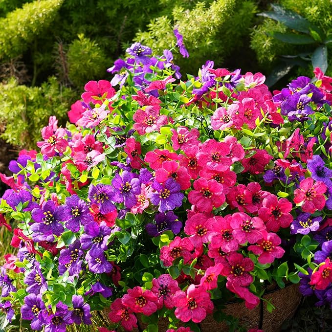 Artificial Flowers for Outdoor, UV Resistant Fake Silk Flowers, Realistic Faux Plants for Outside Indoor Porch Patio Window Box Planter Home Decor (14, Purple Rosy Pink)