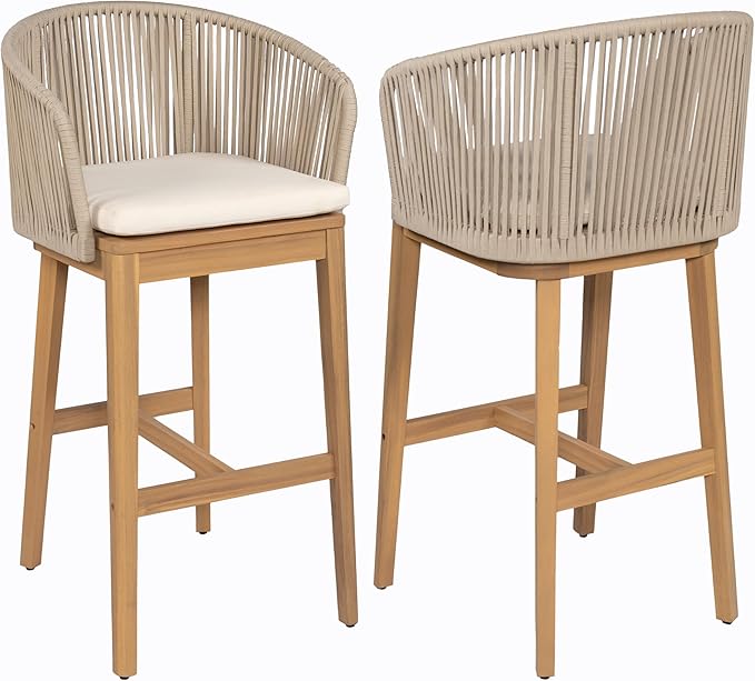 Christopher Knight Home Zax Set of 2 Patio Barstool, Acacia Wood & Rope Outdoor Counter Stool with Backrest/Footrest, Barstool Chairs with Cushion Seating for Backyard Balcony Garden, Beige + Teak