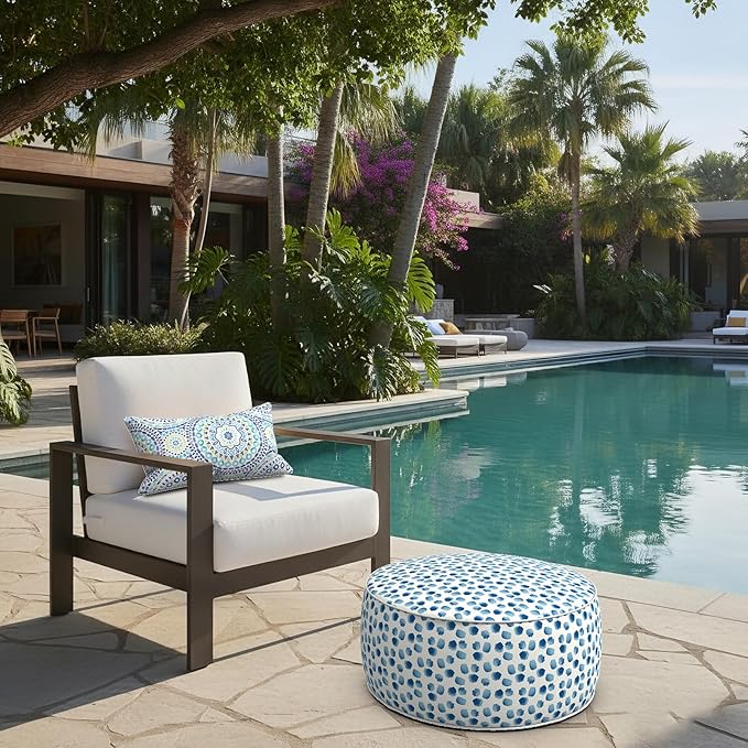 LVTXIII Outdoor Inflatable Ottoman, 21"x21"x9" Patio Fade-Resistant Footrest Stool with Handle, Portable Round Ottoman Pouf for Patio Garden, Camping or Home Use, Brush Blue