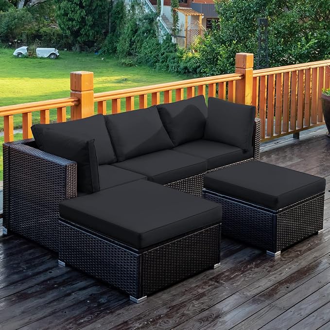 Tangkula 5 Piece Patio Rattan Furniture Set, Outdoor Sectional Rattan Sofa Set with Back & Seat Cushions, Wicker Conversation Set with Tempered Glass Table for Backyard Porch Poolside (Black)