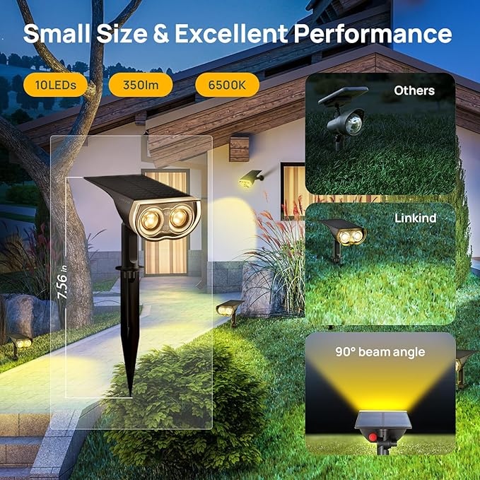 Linkind Solar Lights Outdoor StarRayS, Bright Solar Spot Lights Outdoor, IP67 Waterproof Spotlights for Landscape Garden Yard Walkway Patio Tree（Warm White, 10 Pack