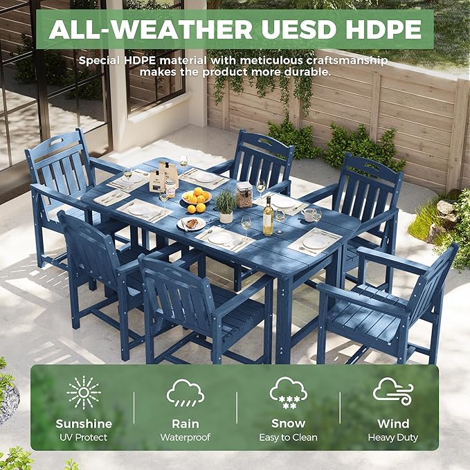 HDPE Outdoor Patio Dining Set with Table & 6 Chairs, All-Weather 7-Piece Outdoor Table and Chairs, 2" Umbrella Hole, Patio Furniture for Garden, Backyard, Deck | Navy Blue