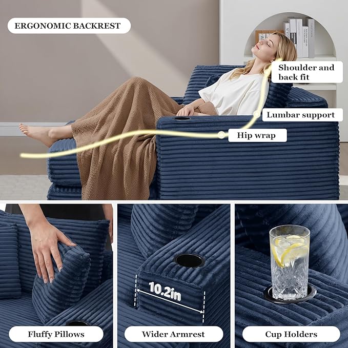 HANXIN 62" Chaise Lounge Chair Indoor, Oversized Corduroy Boneless Convertible Chaise Lounge Couch Sleeper Chair with Ottoman, Deep Seat Reading Chair, No Assembly Required (Blue)