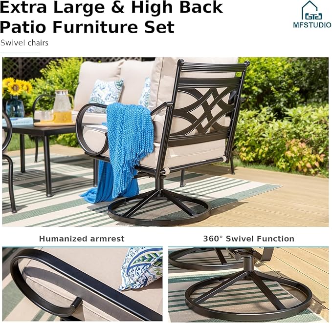 MFSTUDIO 7 Seats Metal Patio Conversation Furniture Sets, 6 Pieces Outdoor Sectional Sofa with 2 Swivel Chairs, 2 Fixed Chairs, 3-seat Sofa and Table for Outside Backyard Poolside Garden