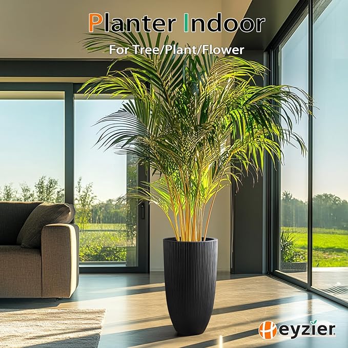 Tall Planters for Outdoor Plants, Large Concrete Flower Pots for Garden Front Porch, Patio, Indoor (Vertical Black)