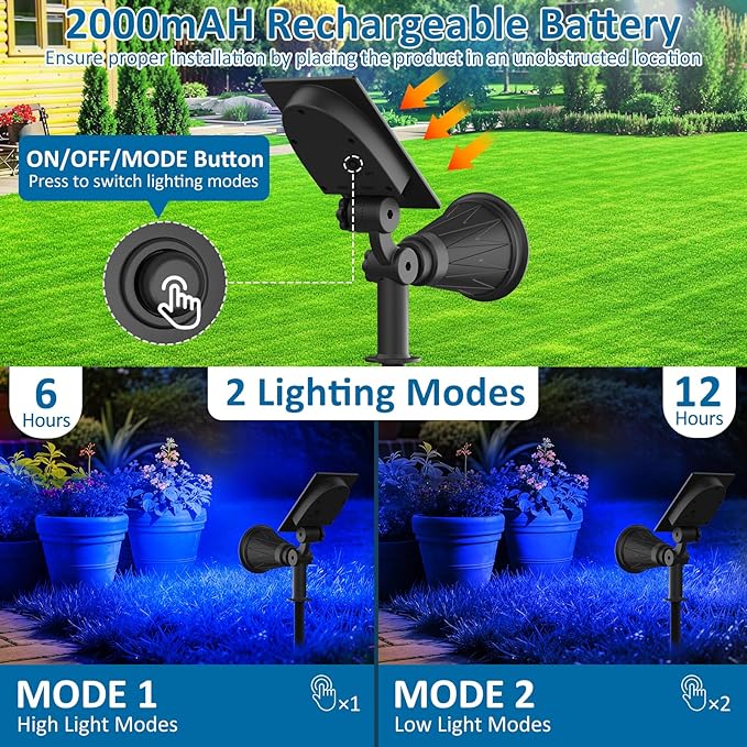 T-SUNUS Blue Solar Lights Outdoor Christmas, 2 Modes Garden Spotlights Waterproof IP65 Auto On/Off Security Landscape Pond Spot Light for Tree Flag Patio Garage Yard Driveway Pool Halloween 2 Pack