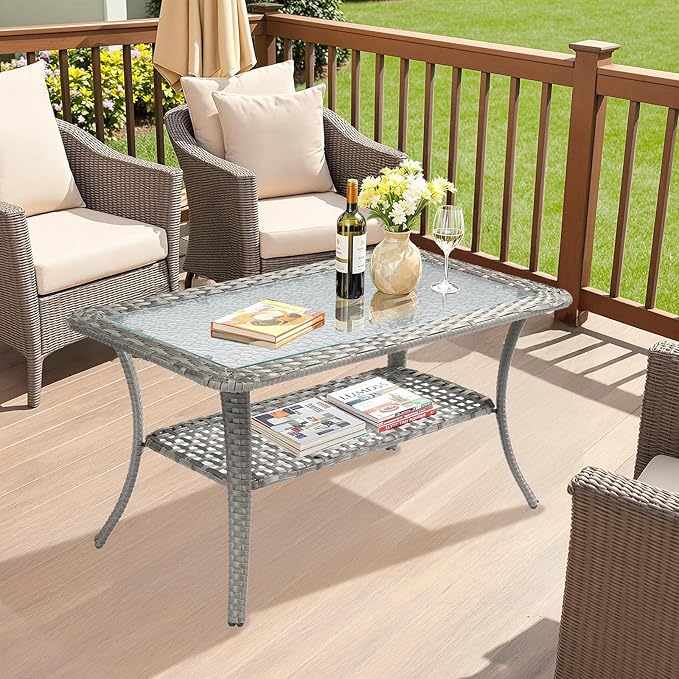 VINGLI Outdoor Coffee Table with Storage Wicker Patio Coffee Table, Tempered Glass Top Coffee Table for Patio Outside Balcony Porch Deck (Grey)