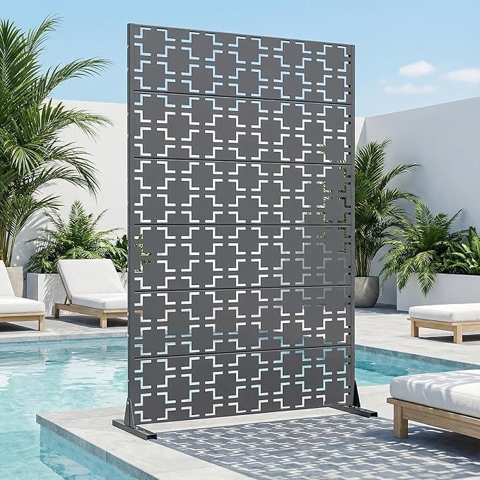 Casaphoria Metal Privacy Screen Outdoor, 72" H x 47" W Freestanding Decorative Privacy Screen for Patio Deck Balcony Garden with Stable Base, Darkgray-Square
