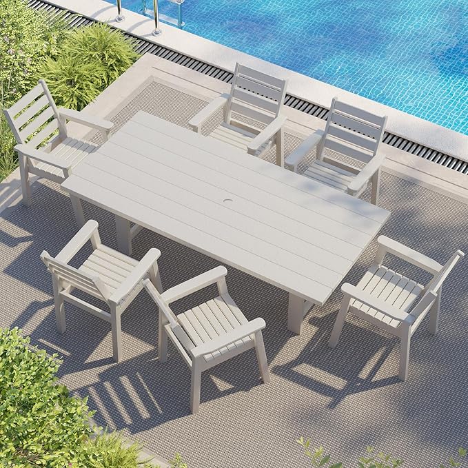 AMERLIFE 7-Piece HDPE Outdoor Dining Set with Umbrella Hole, 71" L Patio Table and Chairs Set for 6, Modern Garden Dining Set for Backyard, Poolside, Seaside, Porch, White