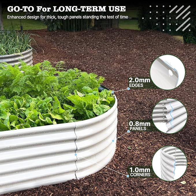 A ANLEOLIFE 8X4X1.5 ft Galvanized Raised Garden Beds Outdoor, Oval Large Metal Planter Box for Planting Vegetables Flowers Herb, Anti-Rust & Easy-Setup, Antique White