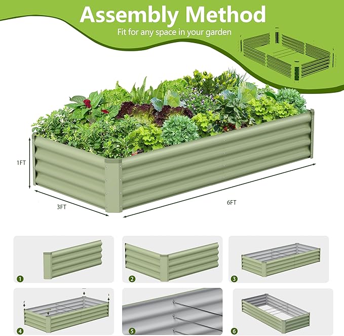 2PCS 6x3x1FT Galvanized Raised Garden Bed, Galvanized Planter Raised Garden Boxes Outdoor, Large Metal Raised Garden Beds for Vegetables-Green