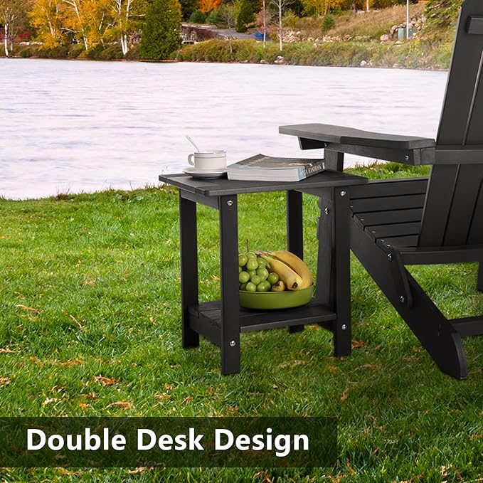 Double Adirondack Side Table Weather Resistant, Outdoor Rectangular End Table for Adirondack Chair, Black with Wood Grain