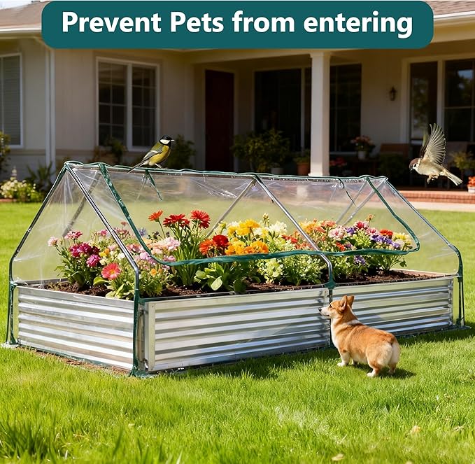 DUMOS Raised Garden Bed with Cover, 8x4x1ft Planter Box Outdoor for Deep-Rooted Herbs/Flowers/Vegetables, Extra Large Metal Garden Bed Mini Greenhouse for Patio, Balcony and Backyard, Silver