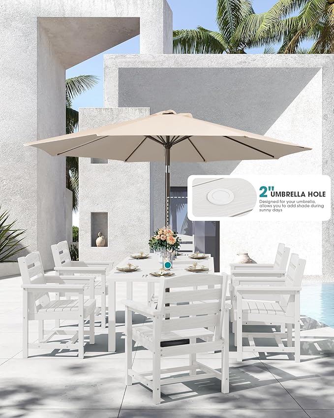 SERWALL 7-Piece Patio Dining Sets, 60" - 83" Expandable Outdoor Dining Table and 6 HDPE Chairs, All Weather HDPE Outdoor Furniture Set for Backyard, Garden, White