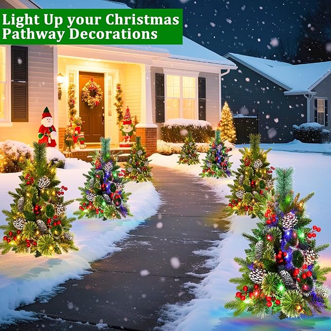 2 Pack Outdoor Christmas Tree Urn Fillers with 8 Modes Timer, 40 Warm & Colorful Change Lights, Pinecones Red Berries Decorations, Battery Operated for Holiday Planters Yard Porch Pathway Xmas Decor