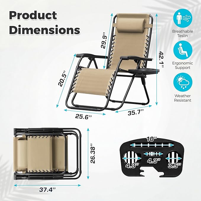 Homall Zero Gravity Chair Patio Folding Lawn Outdoor Lounge Gravity Camp Reclining Lounge Chair with Cup Holder Pillows for Poolside Backyard and Beach Set of 4 (Beige)