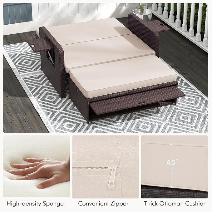 Nightcore Wicker Patio Outdoor Daybed, Outdoor Chaise Lounger w/ 4-Level Adjustable Backrest, Retractable Side Trays, Storage Ottoman, Comfortable & Removable Cushions, Rattan Loveseat (Beige)