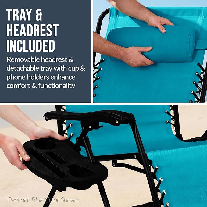 Best Choice Products Set of 2 Extra Wide Adjustable Steel Mesh Zero Gravity Lounge Chair Recliners w/Pillows and Cup Holder Trays - Peacock Blue Stripes