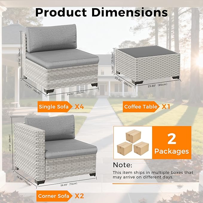 6-Seat Modular Patio Furniture Set – Outdoor Wicker Sectional Sofa with Thick 4″ Cushions, Dual-Strand PE Rattan, Rust-Resistant 18 mm Steel Frame, Backyard Garden Deck Lounge,Gray