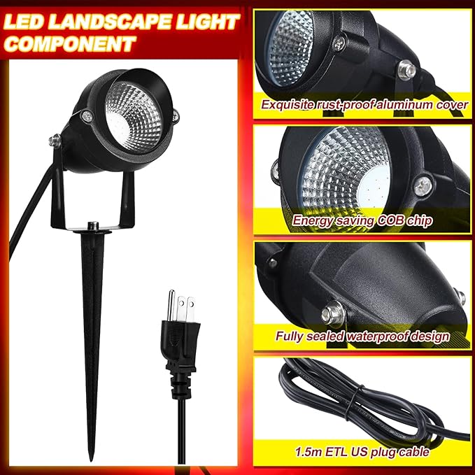 4 Pcs Christmas Red Spotlight Outdoor Plug in Landscape Lighting 12w Ip66 Waterproof LED Lights with Spiked Stand 270° Adjustable Outdoor Spot Lights for Yard Lawn Garden Tree Flags Holiday