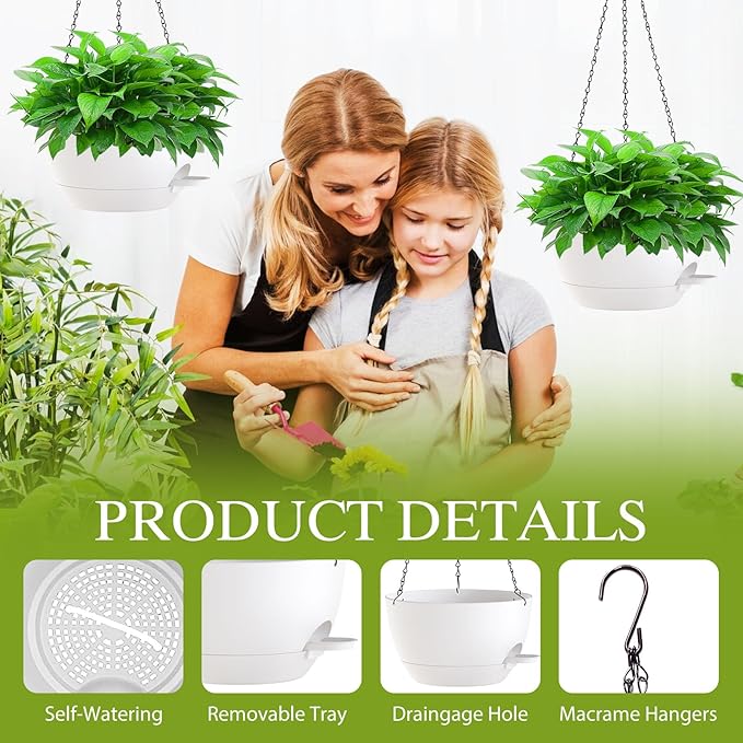 12 Inch Hanging Baskets 2 PC with Chains, Self-Watering Hanging Planters for Indoor Outdoor Plants, Plastic Hanging Flower Pots,White