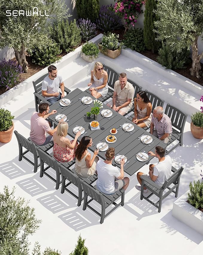 SERWALL 11-Piece Outdoor Dining Set, 60" - 83" Expandable Outdoor Dining Table and 10 HDPE Chairs, All Weather HDPE Outdoor Furniture Set for Backyard, Garden, Grey