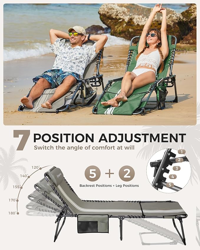 KingCamp Tanning Chair with Face Hole, Lounge Chairs Outdoor Folding Comfy Adjustable 5-Position Lay Flat Foldable Chaise Chaser Lounger for Outside Beach Patio Sun Bathing Pool, Grey/White