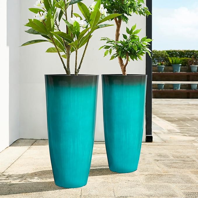 Glitzhome 30" H Tall Outdoor Planter, Set of 2 Large Tall Planters with Gradient Turquoise Faux Ceramic Finish, Plastic Large Flower Pots for Porch Garden Indoor All Season Decor,with Drainage Holes