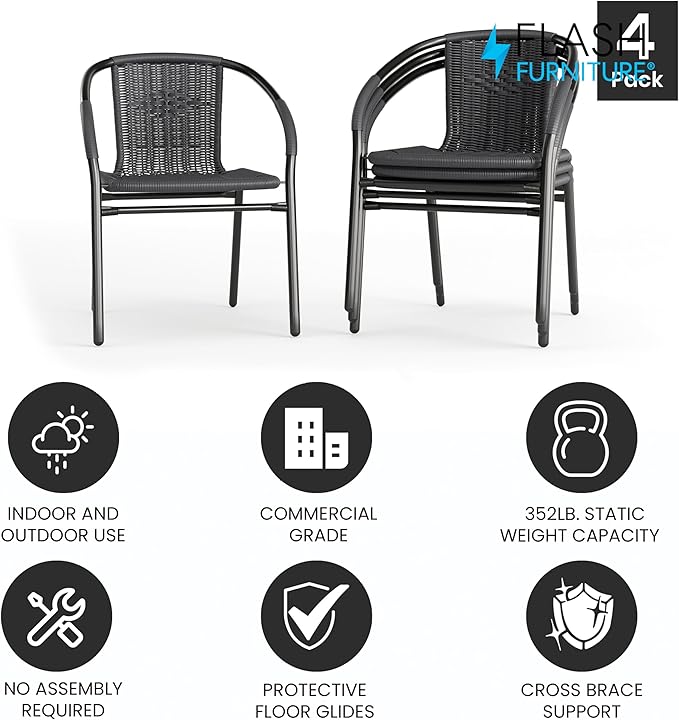 Flash Furniture Lila Modern Rattan Indoor/Outdoor Stackable Dining Chairs, Stacking Rattan Bistro Chairs for Patio or Restaurant, Set of 4, Gray
