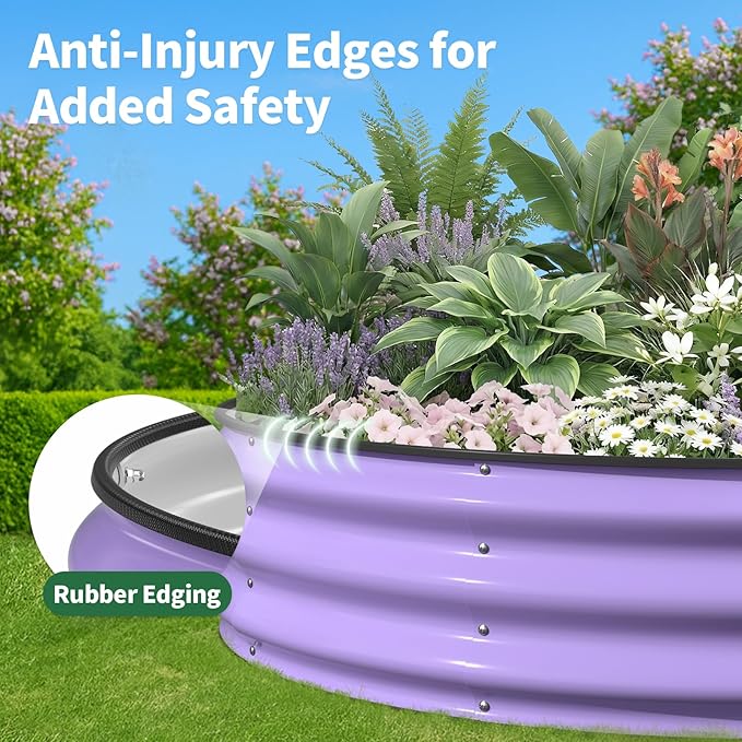 Kesfitt Round Raised Garden Bed, 4x4x1 FT Galvanized Steel Metal Garden Bed, Open-Bottom Design, 12-Inch Deep Outdoor Raised Garden Bed for Vegetables & Herbs, Lavender Purple