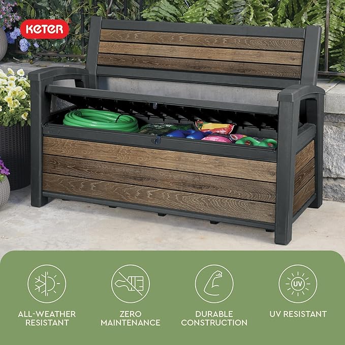 Keter Signature 60 Gallon Storage Bench Deck Box for Patio Furniture, Front Porch Decor and Outdoor Seating – Perfect to Store Garden Tools, Walnut
