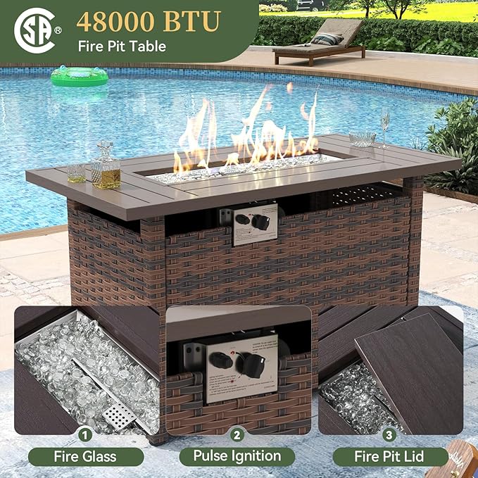 Aoxun 12 Piece Patio Furniture Set with 44” Fire Pit Table Wicker Rattan Outdoor Sectional Sofa Set with Coffee Table and Thickened Cushions, Beige (Waterproof Cover Included)