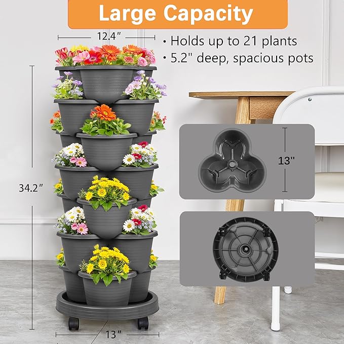 VECELO 7 Tier Vertical Garden Planter, Self Watering Stackable Planters with Wheels for Strawberries, Herbs, Flowers, Vegetables, Dark Gray