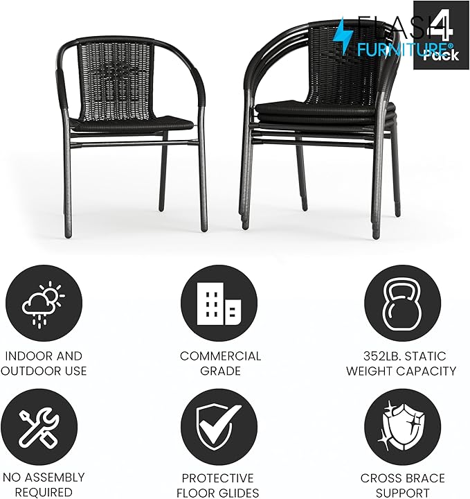 Flash Furniture Lila Modern Rattan Indoor/Outdoor Stackable Dining Chairs, Stacking Rattan Bistro Chairs for Patio or Restaurant, Set of 4, Black