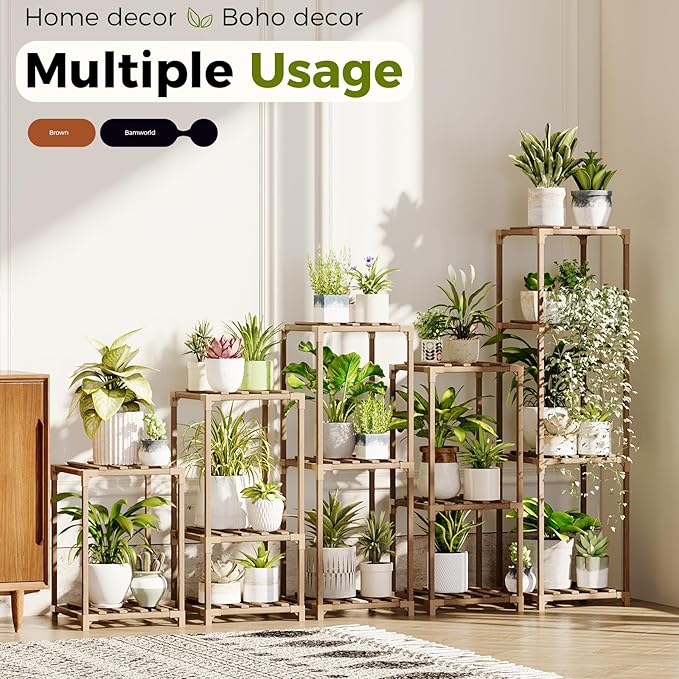 Bamworld 5 Sets Plant Stands Indoor Outdoor Combo Plant Shelves Wooden Plant Holder Rack for Multiple Plants Flower Stands for Living Room Balcony Garden Patio Lawn Window