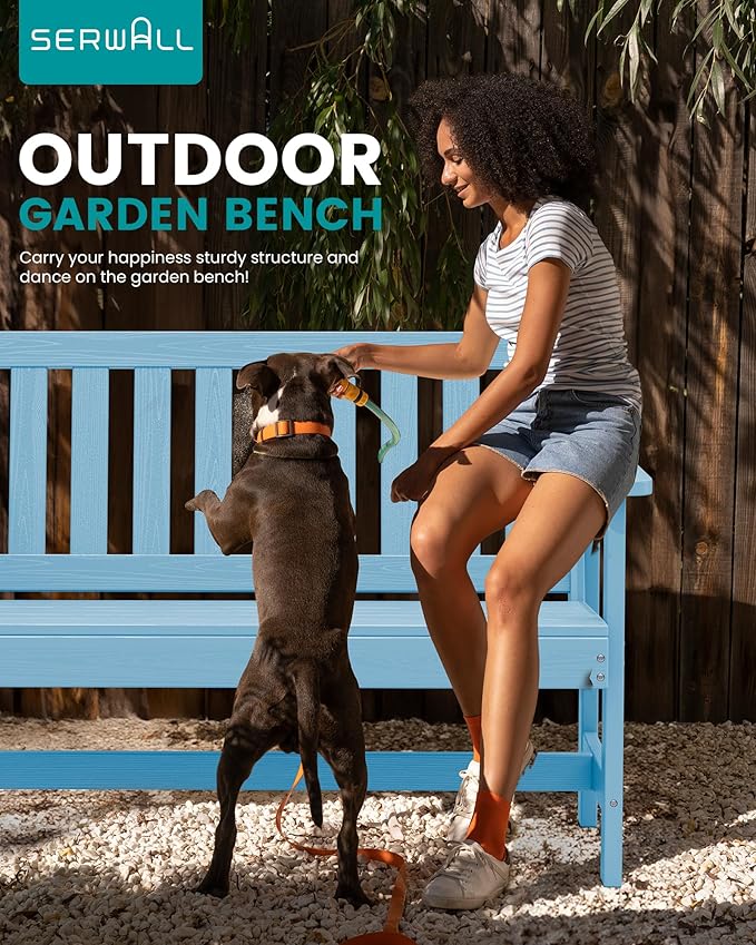 SERWALL Outdoor Bench, HDPE Outdoor Benches Weatherproof, 2-Person Garden Bench with 660 lbs Weight Capacity, Patio Benches for Outdoors, Garden, Porch, Backyard and Park, Light Blue