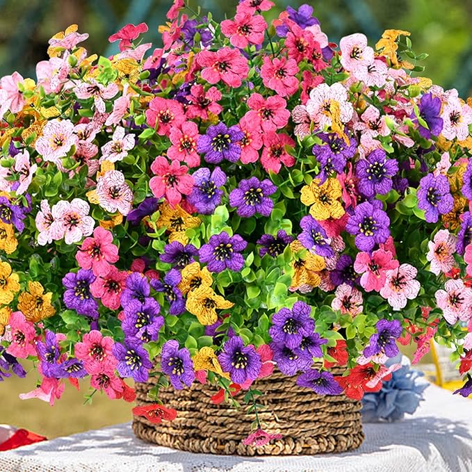 Artificial Flowers for Outdoor, UV Resistant Fake Silk Flowers, Realistic Faux Plants for Outside Indoor Porch Patio Window Box Planter Home Decor (14, Yellow Purple Rosy Pink)
