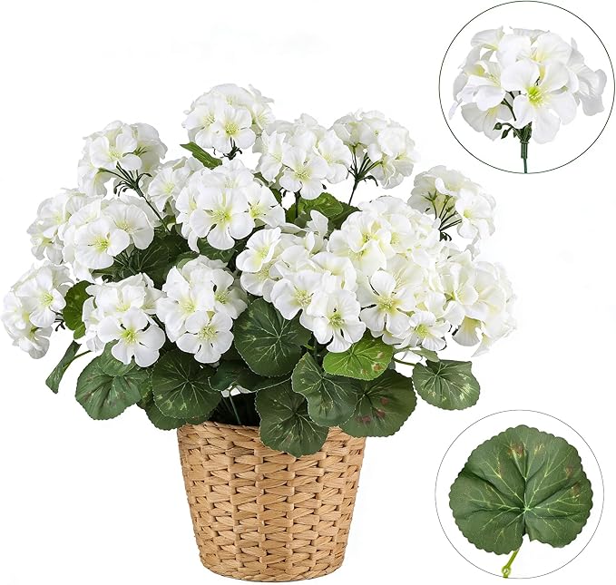 Artificial Geranium Flowers for Outdoors, 6 Bundles Realistic Silk Fake Geranium, No Fade Faux Plants for Hanging Baskets, Window Boxes, Pots - Porch, Patio, Balcony Decor(White)