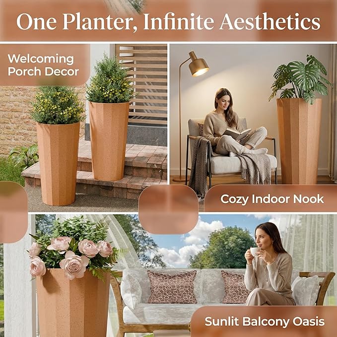 23.6" H Tall Planters for Outdoor Plants, 2 Pack Large Outdoor Planters for Porch Decor with Automatic Drainage Hole, Plastic Stripe Design Flower Pots Fits Indoor Plants Patio Garden, Black