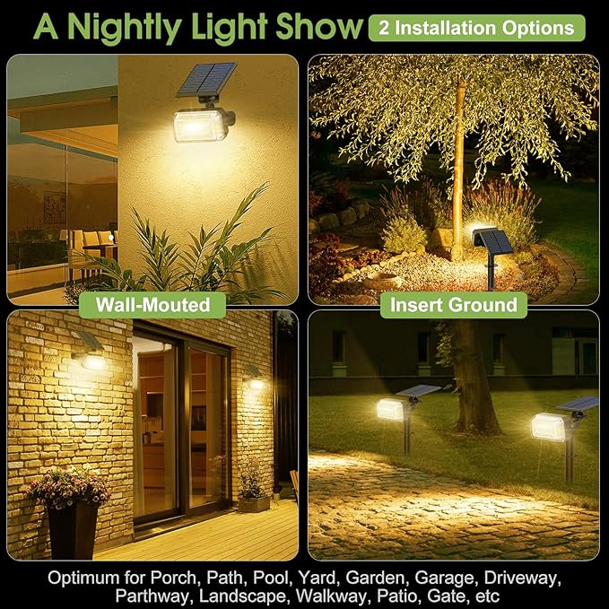 Solar Spot Lights Outdoor, 102 LED Solar Garden Yard Spotlight Waterproof Landscape Flood Powered Lights with Adjustable Light & Panel, 4 Lighting Modes for Pathway Driveway, 4 Pack(Warm White)