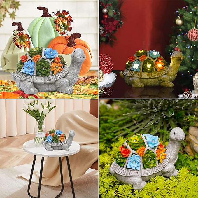 Nacome Solar Garden Outdoor Statues Turtle with Succulent and 7 LED Lights - Lawn Decor Tortoise Statue for Patio, Balcony, Yard Ornament - Chrismtas Gifts for Mom Grandma