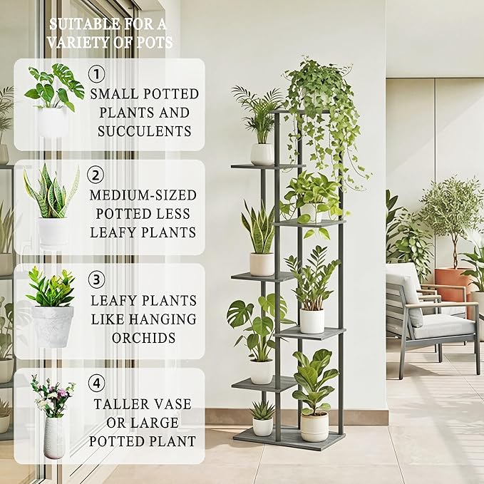 Plant Stand Indoor 7 Tier 8 Potted Metal Wood Plant Shelf, Multiple Flower Pots Corner Tall Plant Holder Stands for Living Room Balcony Bedroom, Oak Grey