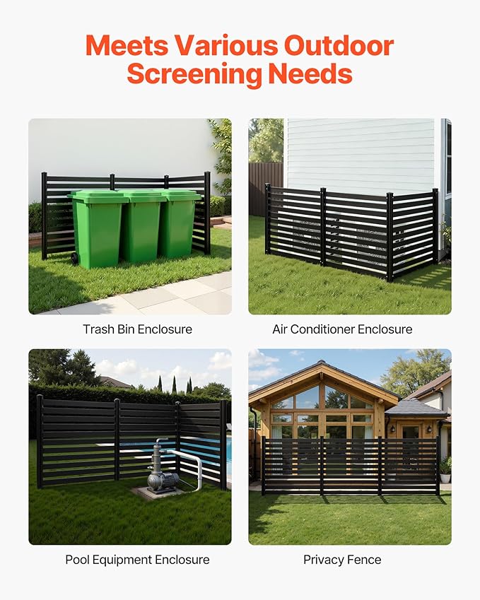 VEVOR 3 Panels Outdoor Privacy Screen, 50 x 48 in Air Conditioner Fence with 27.6 in Ground Stakes, Pool Equipment Enclosure, Vinyl Privacy Fence, Ideal for Trash Can and A/C Units, Black