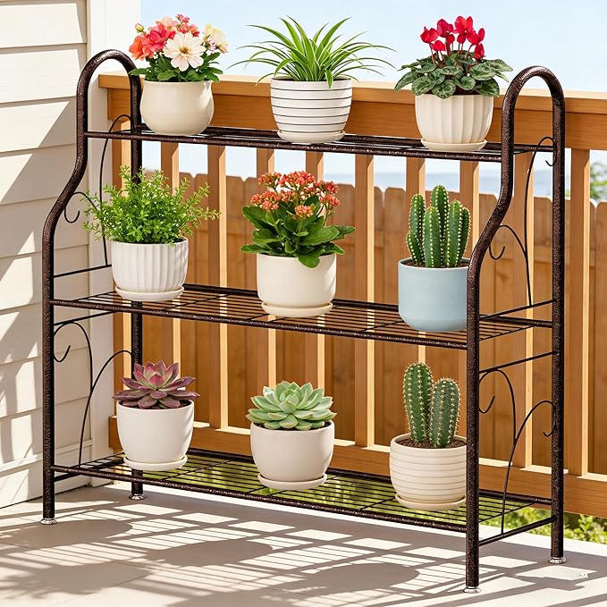 SORCEDAS Plant Stand Indoor Outdoor Plant Shelf 3 Tier Metal Corner Flower Stand Multiple Holder for Patio Garden Balcony Living Room, Bronze
